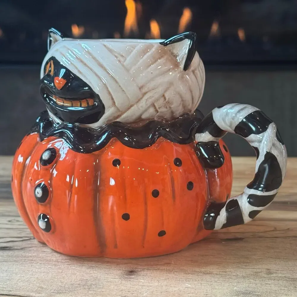 Johanna Parker Designs Halloween Cat Mummy Ceramic Mug, Retro Spooky Coffee Cup
